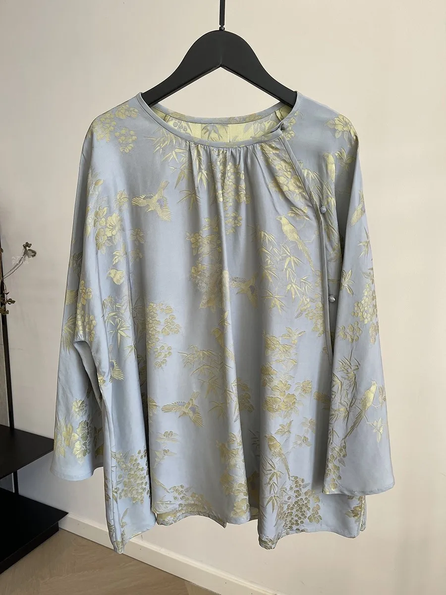 

Новая китайская женская блузка в стиле дзен с узором «Птицы в бамбуковом лесу», из двойного шелка, с круглым вырезом и длинными рукавами