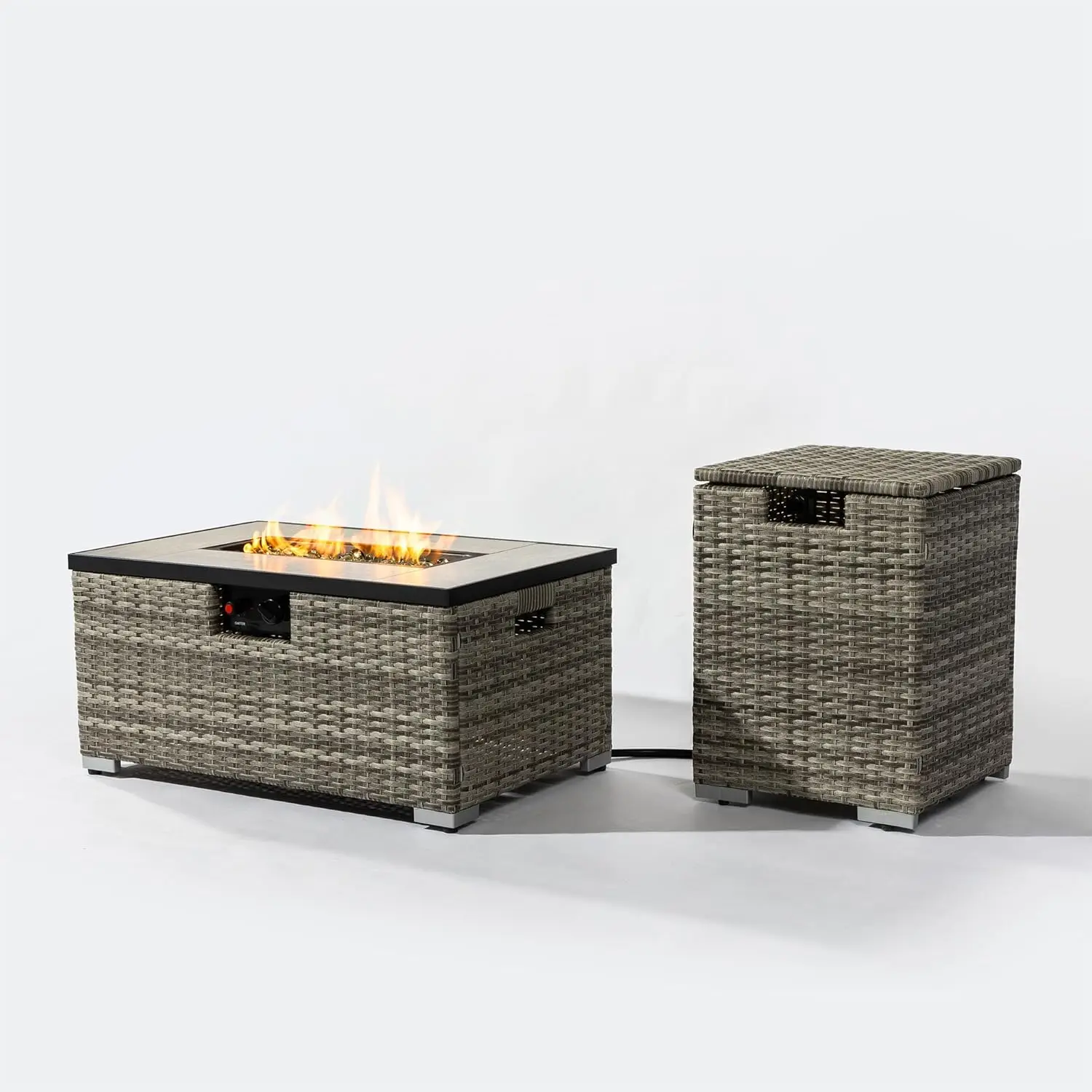 

32in 50000BTU Propane Fire Pit Table w/ Rain Cover Hideaway 20lb Tank Ceramic Top Lid Glass Rocks Customized