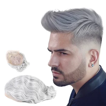 8x10' szara srebrna peruka do włosów dla mężczyzn Mono baza z PU100% kawałki ludzkich włosów System wymiany koronkowa przednia naturalna linia włosów