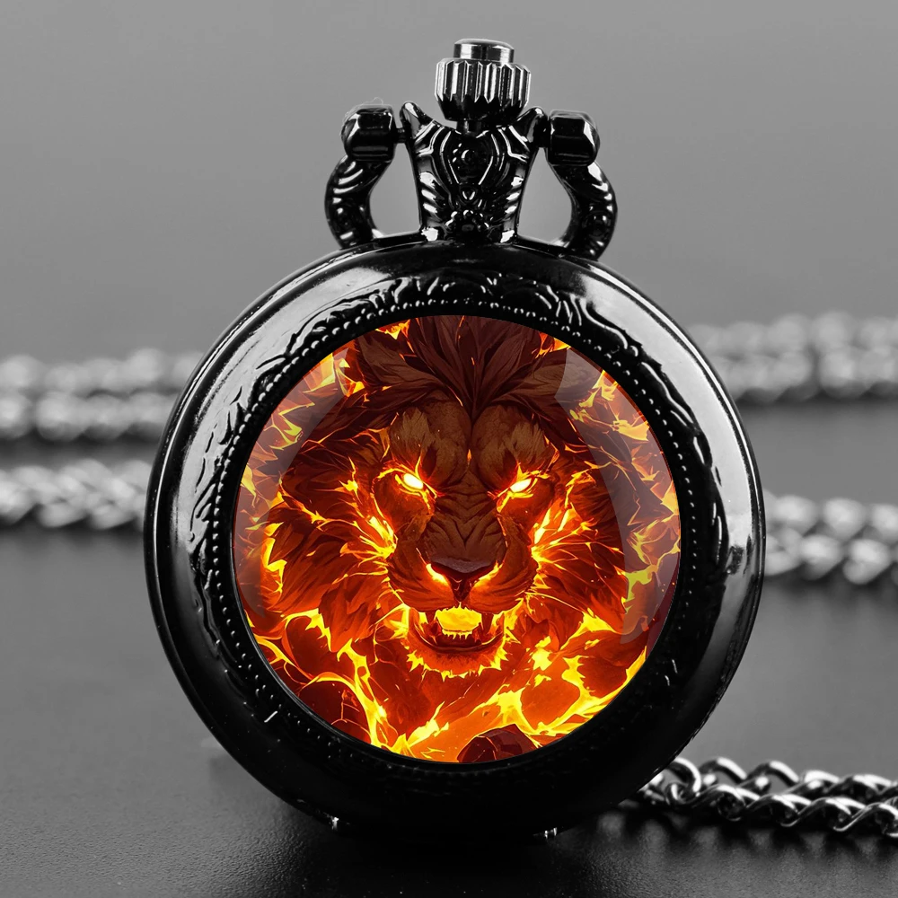 Fire Lion Themed Glass Dome Quartz Pocket Watch Classic Arabic Numeral Dial with Durable Chain for Men Creative Gifts