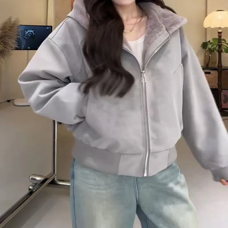 

Tie Dye Short Hooded Fleece Leather Jacket Cotton Jacket Women's Autumn and Winter Fleece Thick Coat