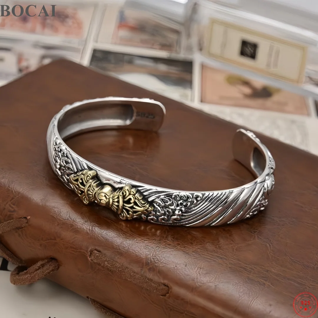BOCAI  S925 Sterling Silver Charms Bangle for Men Women Antique Vajra Pestle Pattern Amulet Bracelet Fine Choice Jewelry