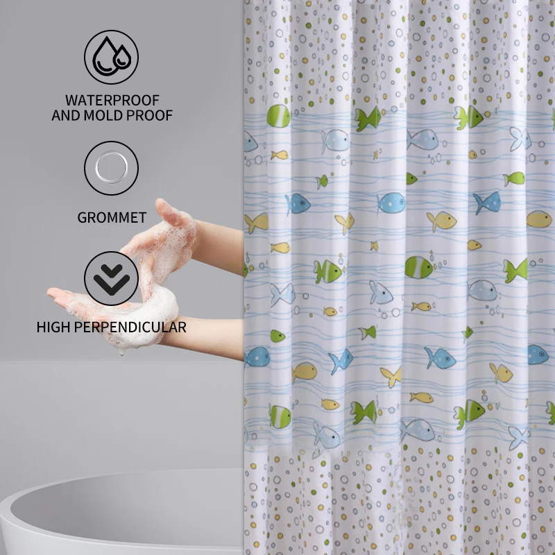 PEVA small fish shower curtain with hook waterproof and mildew-proof plastic shower curtain durable high-quality bathroom curtai