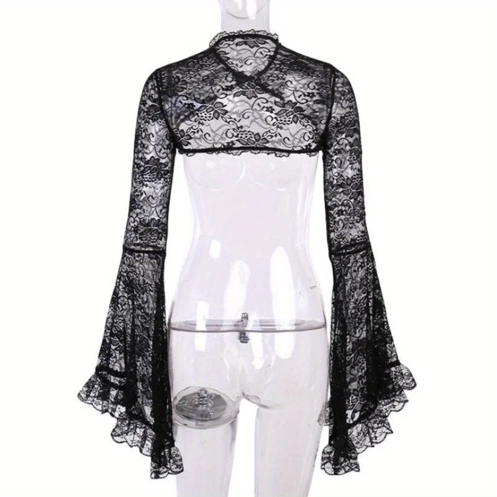 Blusa de mujer europea-americana: mangas acampanadas con recortes de encaje, diseño transparente abotonado para conjuntos elegantes diarios e informales