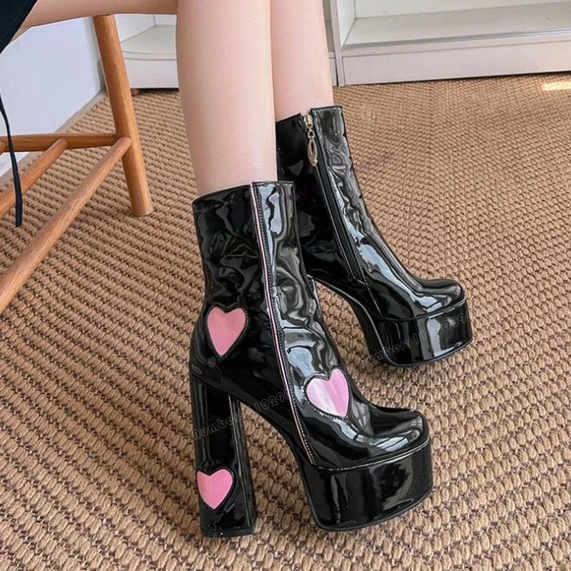 Black Heartshape Print Platform Ankle Boots Round Toe Shoes for Women Chunky High Heels Patchwork Shoes 2023 Zapatos Para Mujere