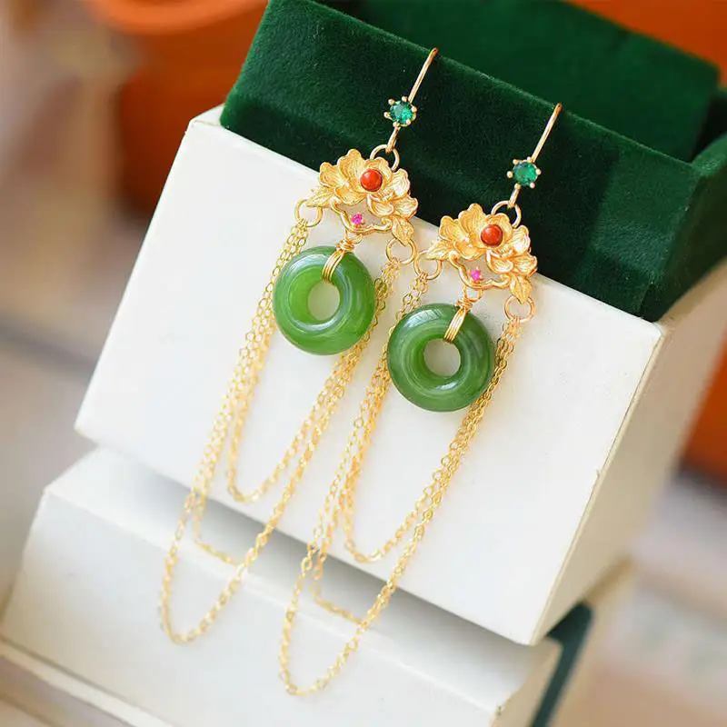 

Natural Hetian jasper tassel earrings Chinese style unique ancient gold craftsmanship light luxury charm women's brand jewelry