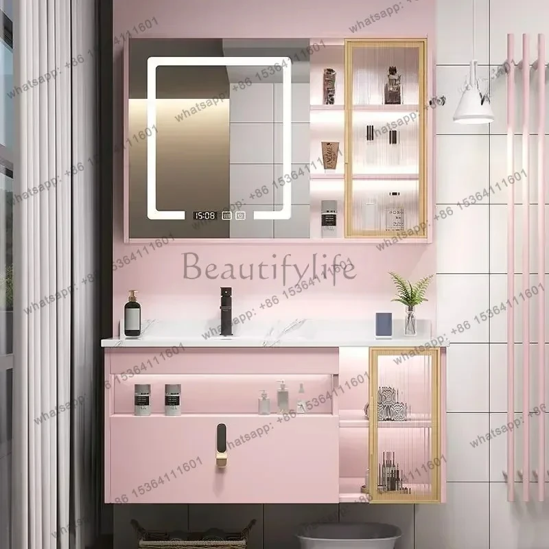 Modern Cute And Pink Smart Bathroom Cabinet Combination Washstand Light Luxury Net Red Cabinet Bathroom