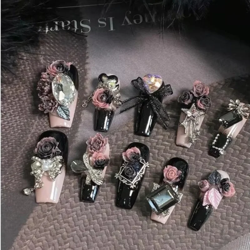 10pcs Medium-Long Handmade Coffin-Shaped Nails, Custom Goth Punk 3D Rose Flower Nail Decals With Luxury Crystal Rhinestones