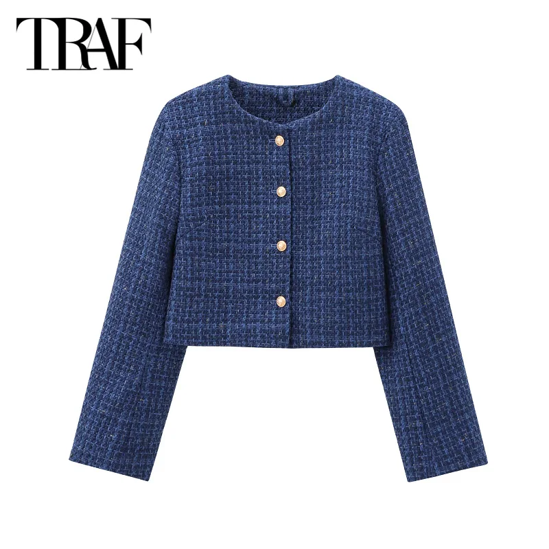 TRAF Women\'s Outerwears 2024 Spring Autumn Cropped Varsity Jacket Coat Ladies Fashion Casual Elegant Beige Blue Short Coats