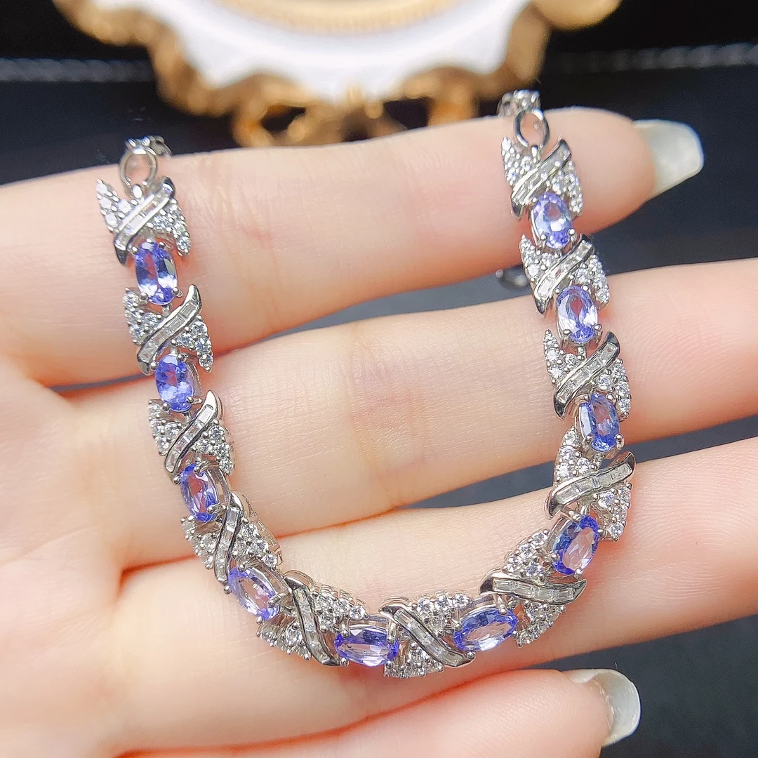 

FS Real S925 Sterling Silver Fine Charm Natural 3*5mm Tanzanite Bracelet Weddings Jewelry for Women With Certificate MeiBaPJ