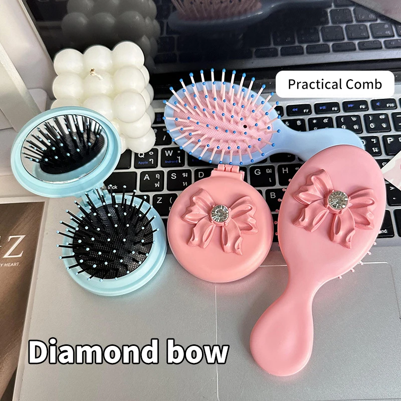 1pcs Cute Folding Massage Comb With Makeup Mirror Travel Portable Plastic Airbag Small Comb Hair Brush Bow Tie Air Cushion Comb