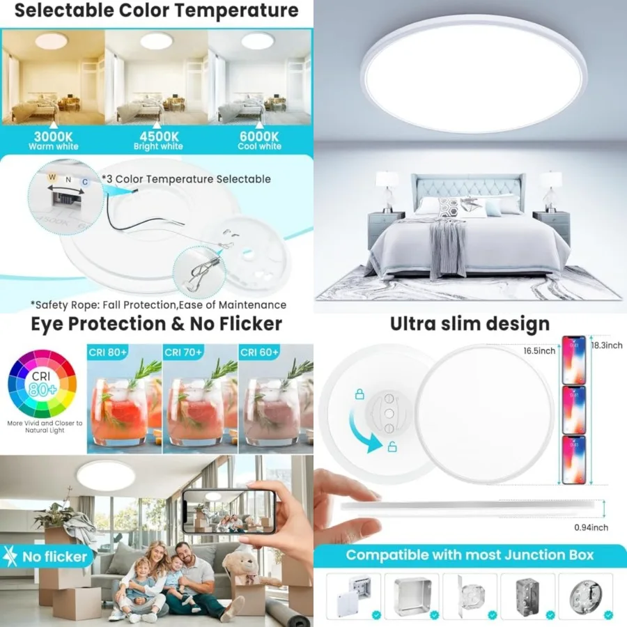 Large LED Ceiling Light 16.5Inch, 4200LM 36W Bright Flush Mount Lights for Ceiling, 3000K/4500K/6000K Surface Mount Lighting Fi