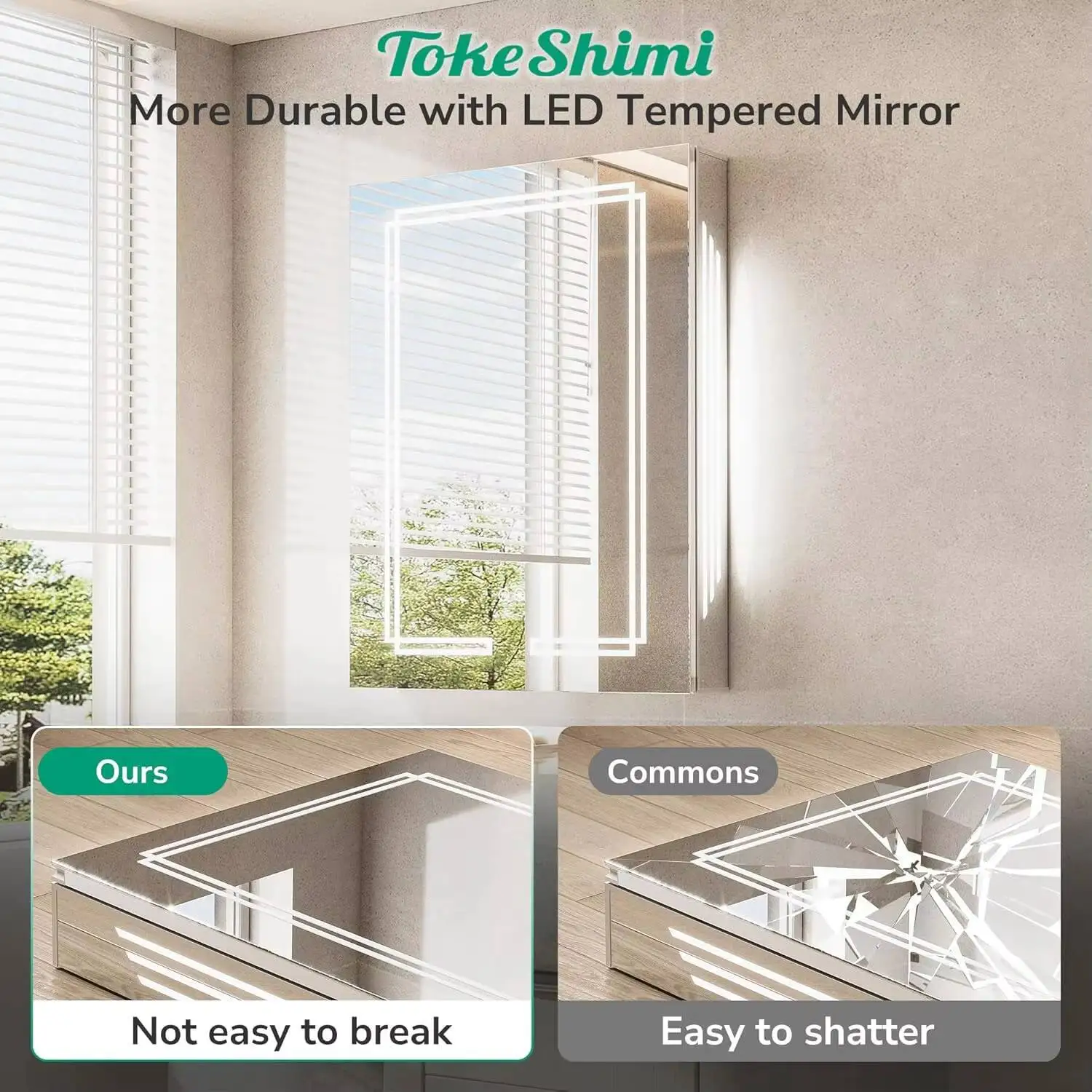 خزانة طبية بمرآة 36 × 30 LED من TokeShimi مع إزالة الضباب، خزانة أدوية مضاءة بثلاثة ألوان، خافتة بدون خطوات، CRI