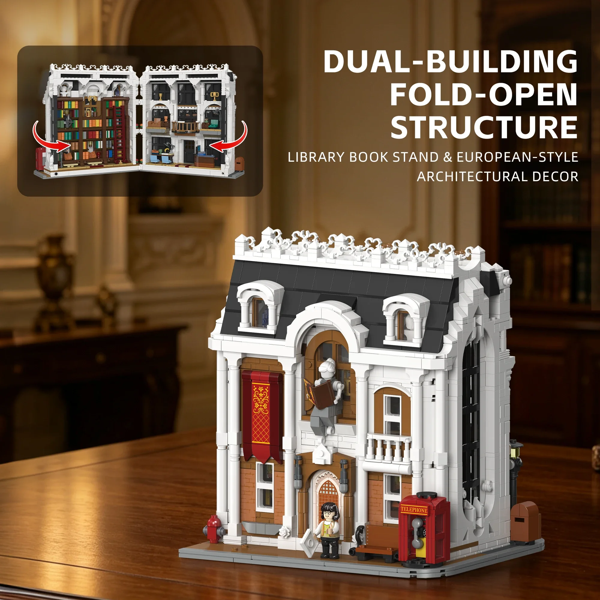 JIESTAR Library Book Stand MOC Street View Building Blocks Modular City Architecture Assembly Model Toy For Adult Gift 2486pcs