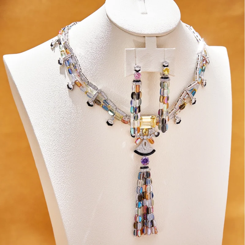 

Designer Collection Jewelry Sets Women Lady Inlay Cubic Zircon Tassels Colored Glass Pendant Dinner Party Necklace Earrings