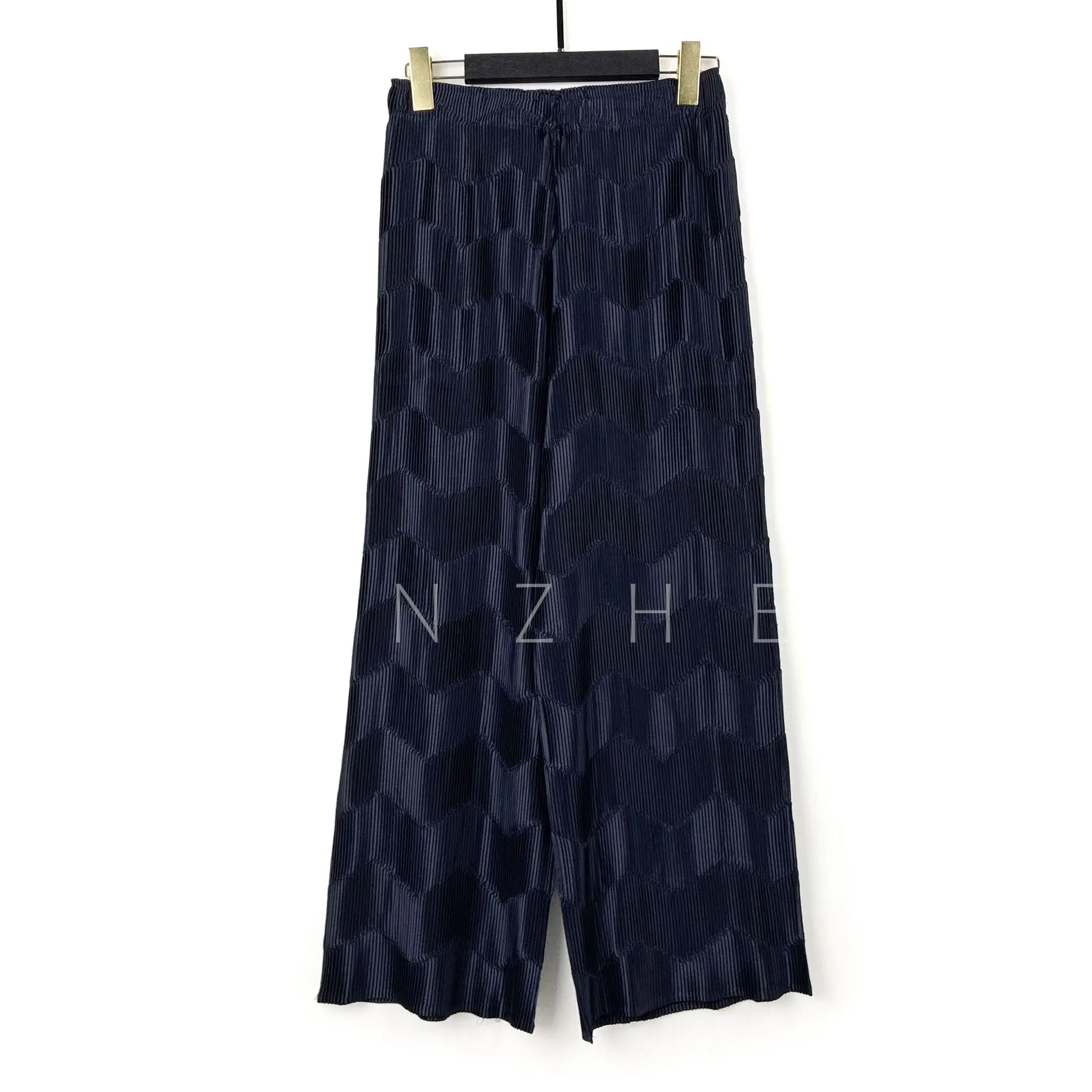 Miyake Style Wave Pleated Wide Leg Pants Women Elastic Waist Loose Straight Wrinkle‑Resistant Casual Flowy Trousers