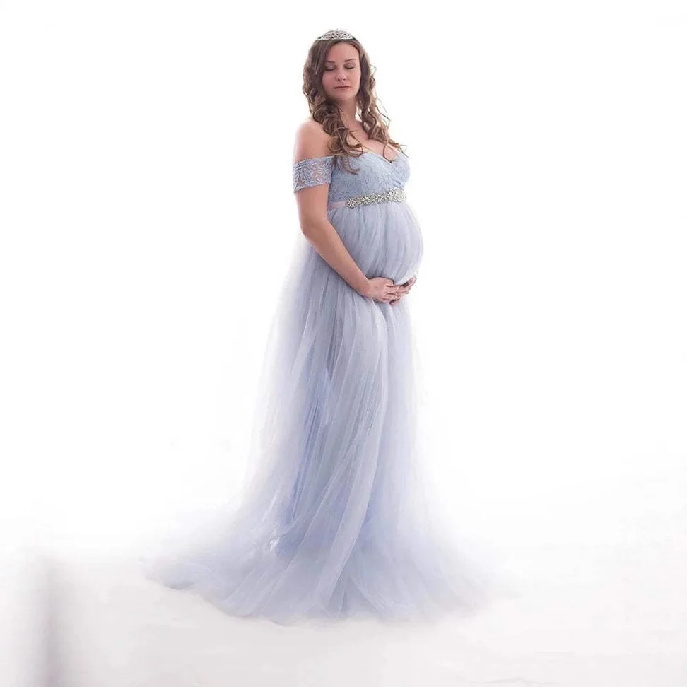 ملابس الحمل الأوروبية والأمريكية للنساء بأكمام قصيرة من الدانتيل الشبكي فستان قطار الأمومة للتصوير الفوتوغرافي #5