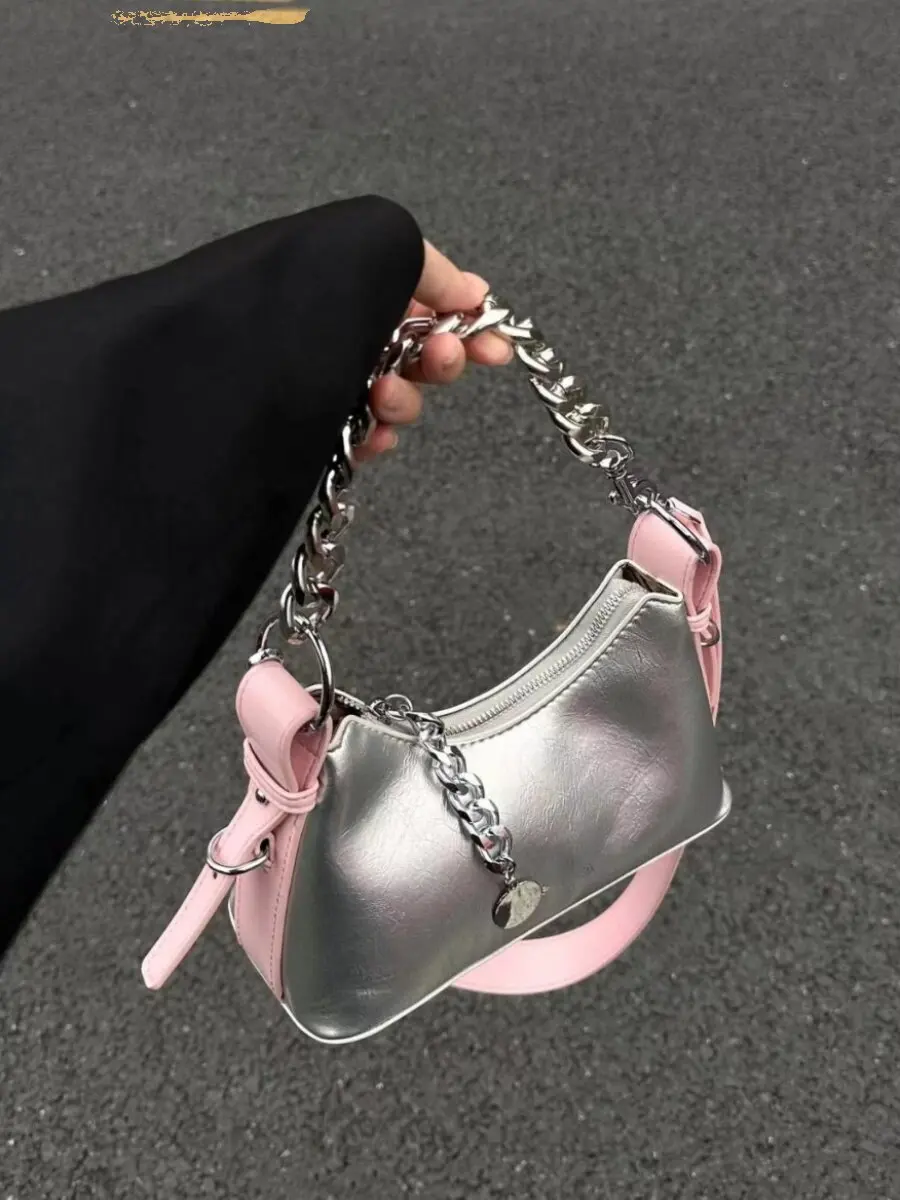 Silver Pink Contrast Women Shoulder Bag, Thick Chain Decor Zipper Crossbody Purse, Y2K Street Style Small Handbag for Daily