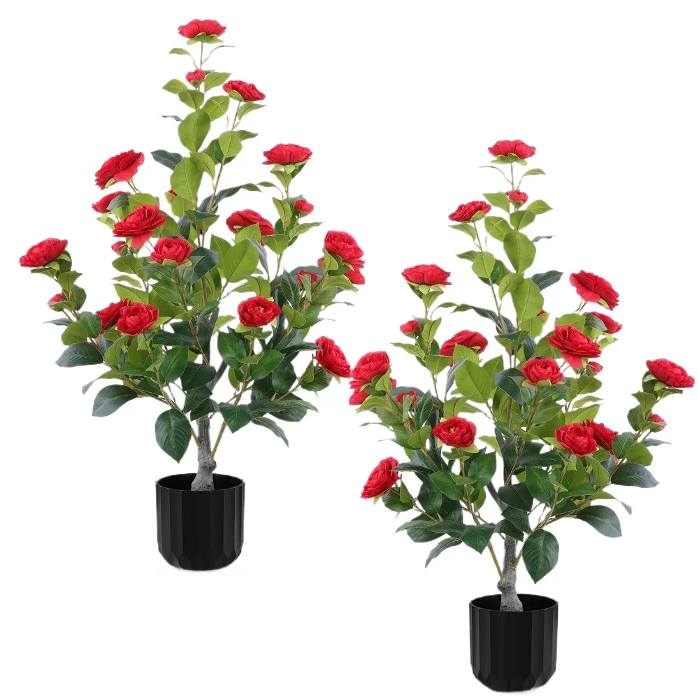 

Artificial Camellia Tree in Pot, Faux Potted Plant Indoor Outdoor Home Decor, Lifelike Spring Porch Front Door Decoration