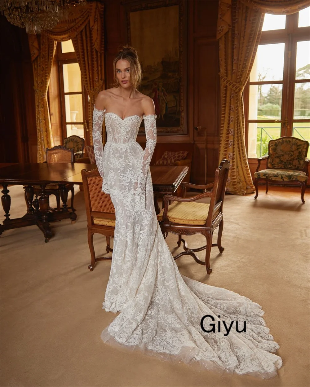 Giyu Elegant Full Lace Followers Wedding Dress For Woman Sweetheart Collar Mermaid Trumpet Vestidos Novias Boda Bridal Gown