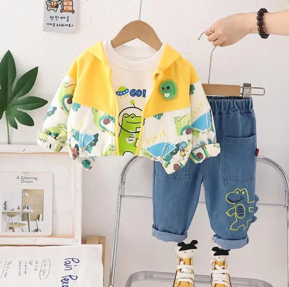 

Baby Boys Dinosaur Clothes Sets Spring Autumn Cartoon Patchwork Print Zipper Jackets+T-shirts+Denim Pants Casual Boutique Outfit