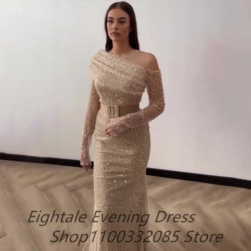 Glitter Champagne Mermaid Evening Dress Sparkle Sequin One Shoulder Long Sleeve Prom Dress Dubai Formal Party Gown Customized