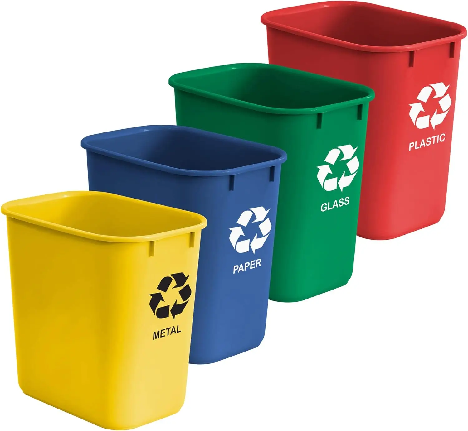

4-Piece Recycling Bin Set, 6.75 Gallon Plastic Wastebaskets for Metal, Paper, Glass, Plastic - Color-Coded