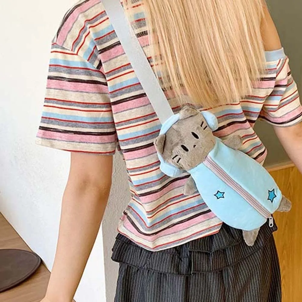 Сумка для ручек, милая сумка через плечо с изображением кота, синий кошелек, сумка через плечо с героями мультфильмов, большая вместительная портативная плюшевая сумка для канцелярских принадлежностей для девочек