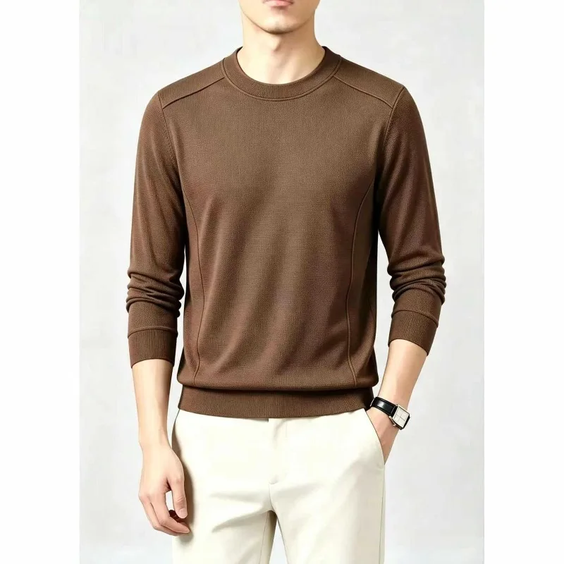 Men Round Neck Sweatshirts Inner Lining Thin Fleece Loose Splicing Design Pullover Solid Soft Casual Keep Warm Sweatshirt