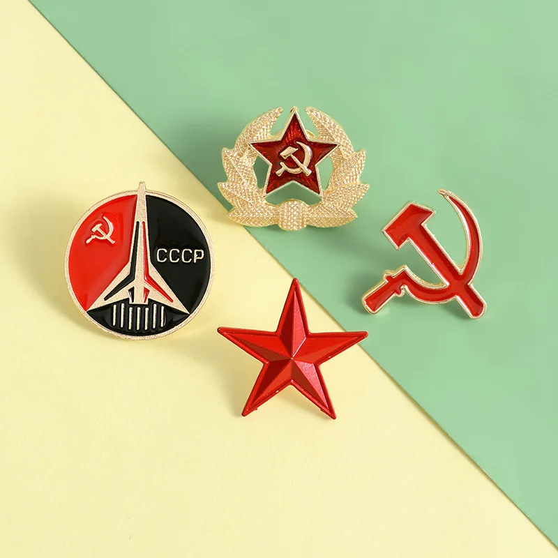 Denim Brooch Soviet Creative Sickle Hammer Five Pointed Star Shaped Enamel Collar Needle Jewelry Accessory Gift for Friends