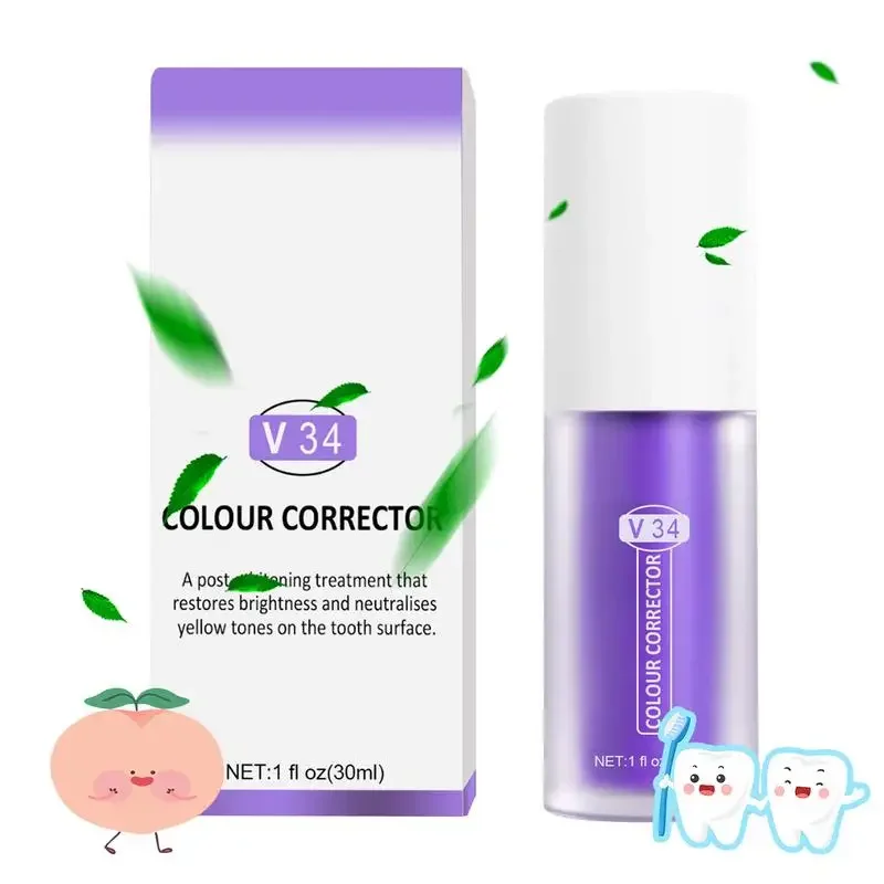 SMILEKIT-pasta de dientes blanqueadora púrpura V34, 30ml, elimina las manchas, Reduce el color amarillo, cuidado de las encías dentales, ilumina los