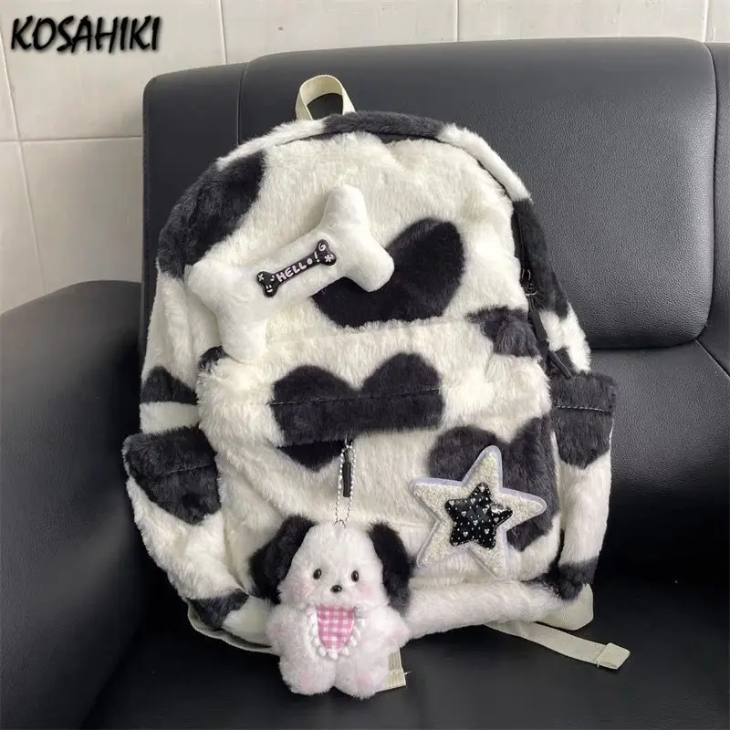 Streetwear Fashion Chic Fluffy Heart Backpack Sweet Y2k Aesthetic Star Students Schoolbags Preppy Women Casual Backpacks Trendy