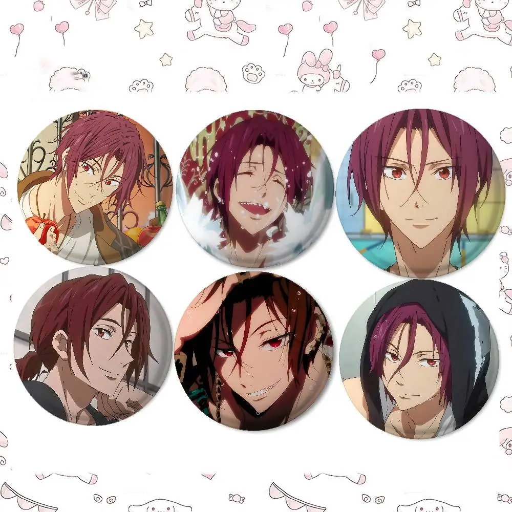 Anime Cartoon Rin Matsuoka Badges Peripheral Lapel Pins Tinplate Round Brooch For Shoulder Bag Accessories Souvenir Gifts