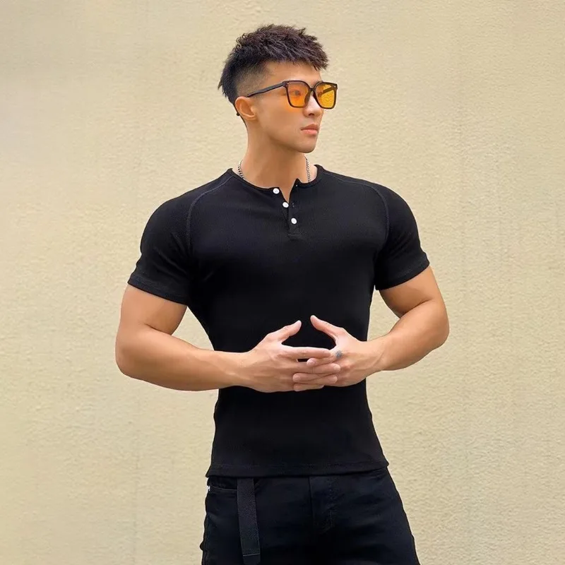Men\'s T-shirt Summer Running Sports Fitness Clothes Muscle Slim Fit Short Sleeve Half Button O-neck Pullover Casual Short Sleeve