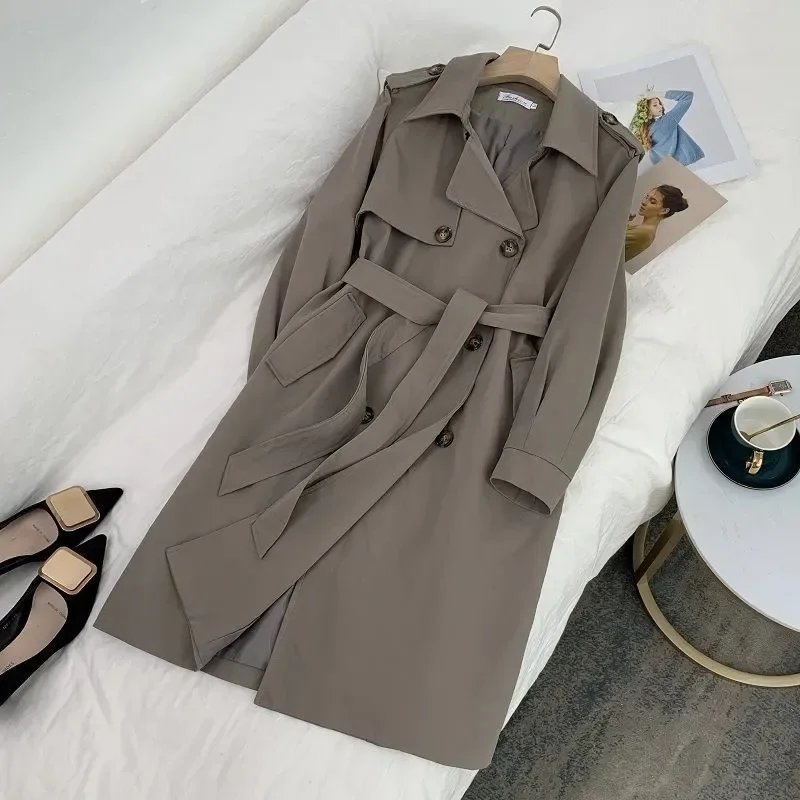

Korean Women Mid-length Trench Coat Black Khaki Spring Autumn Double Breasted Windproof Outwear With Sashes Elegant Windbreaker