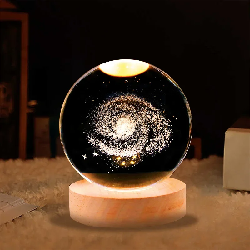 Bola de cristal estrellada de astronauta, luz nocturna, grabado interior 3d, Base luminosa, decoración creativa, bola de cristal, decoración de madera maciza