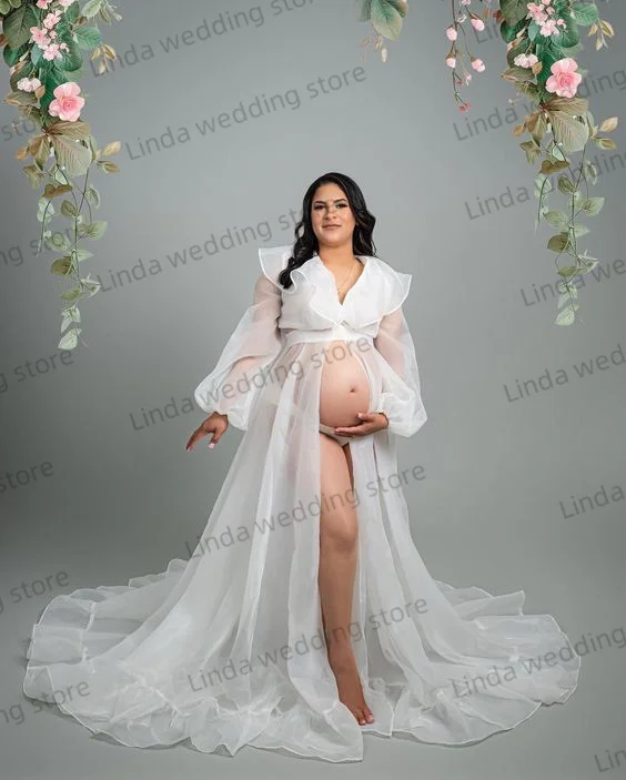 Sheer Maternity Dresses Women Photography White Pregnant Woman Baby Shower Pregnancy Photo Shoot Slit Dresses Gown