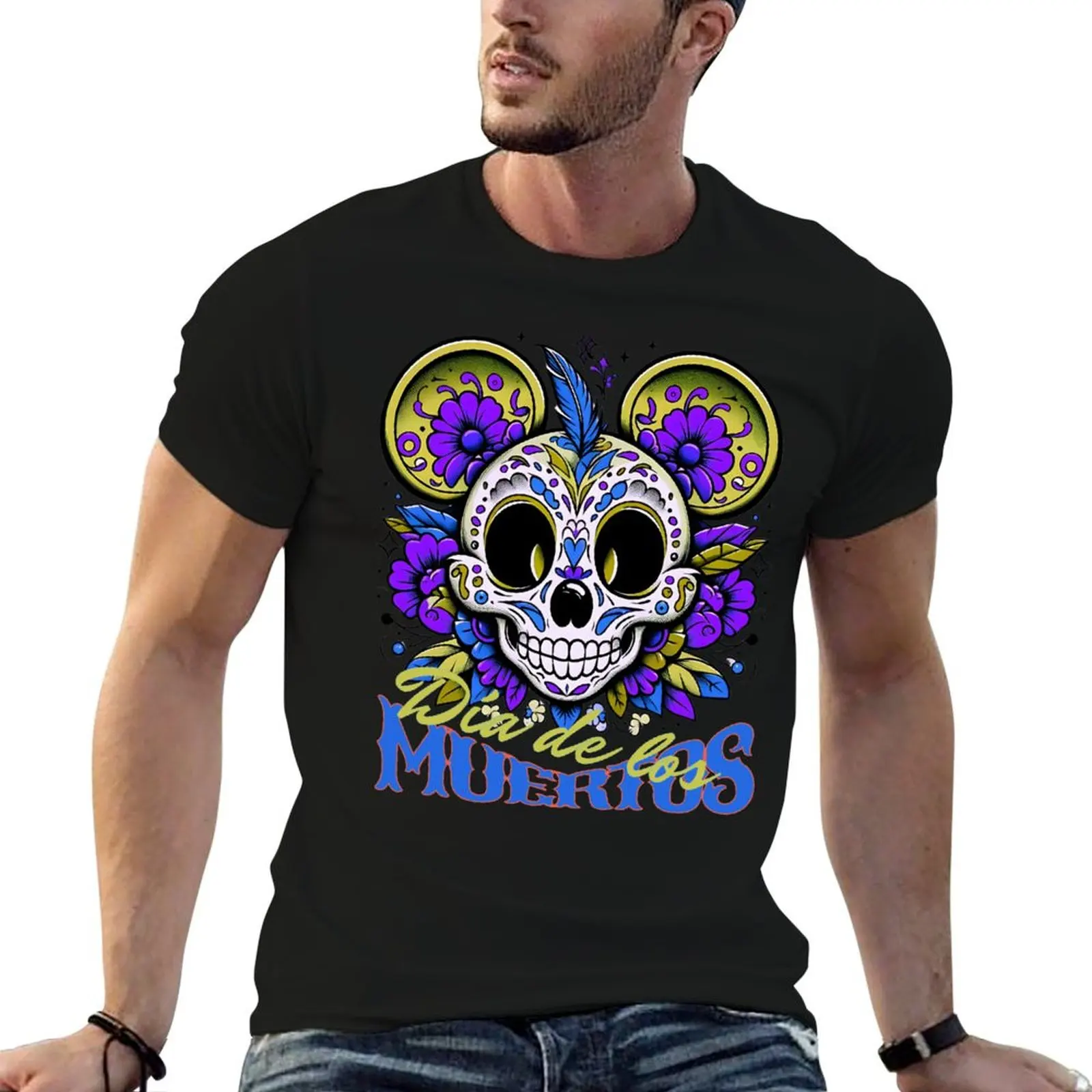 DIA DE LOS MUERTOS - MOUSE SKULL IN FLOWERS Fitted T-ShirtT-Shirt summer clothes summer top blacks T-shirts for men cotton