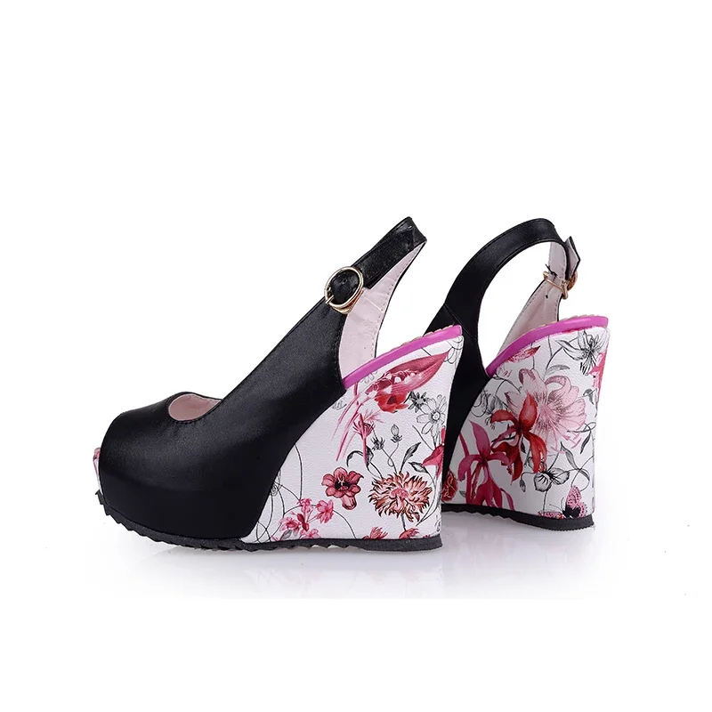 Big Size Woman Wedge Sandals White Black Flower High Heels Office Party Summer Ladies Buckle Strap Peep Toe Platform Slingbacks