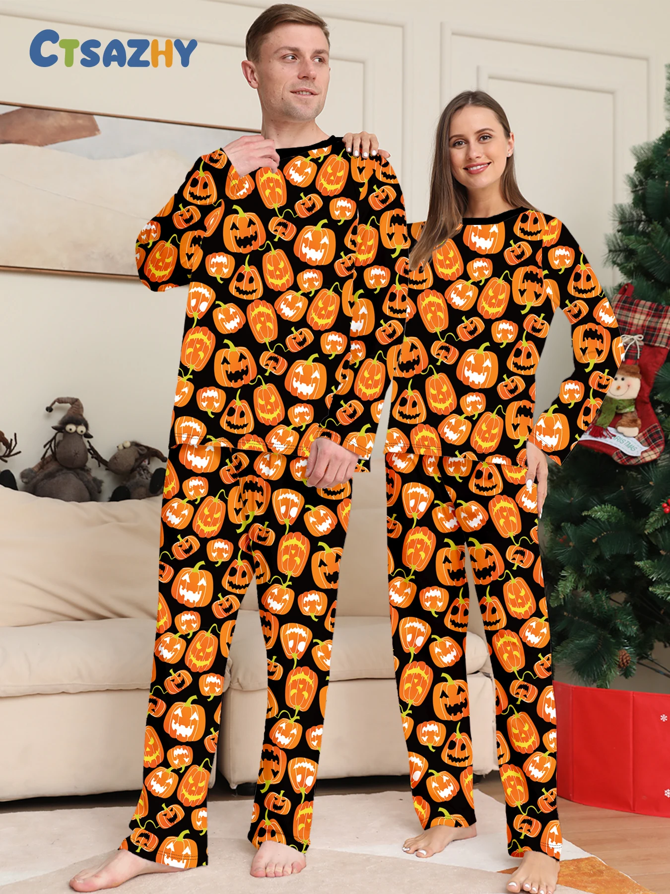 

Пижамный комплект на Хэллоуин с принтом тыквы, одежда для сна с длинными рукавами для пар