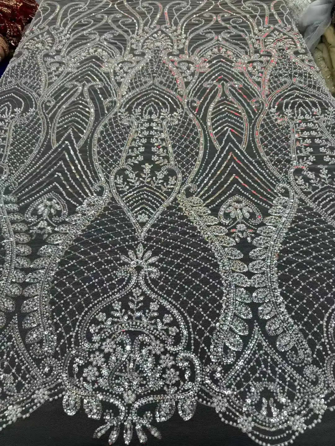 

White African Sequins Pearls Lace Fabric 2026 High Quality French Heavy Beaded Tulle Lace Fabric Nigeria For Bridal Dress