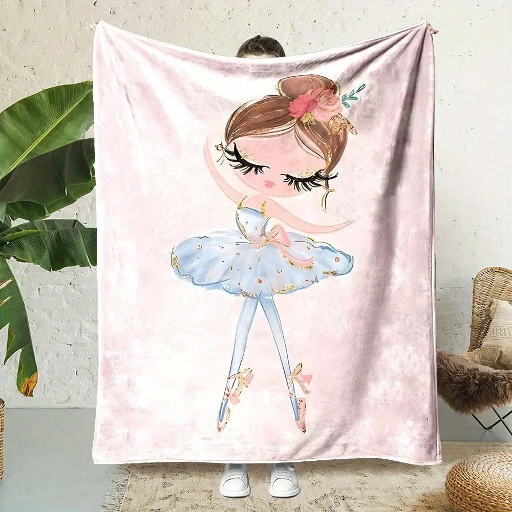 Ballerina Flannel Blanket  Year of the Horse Soft Cozy Throw Cute Pink  Blue Watercolor Design for Kids Bedroom Decor