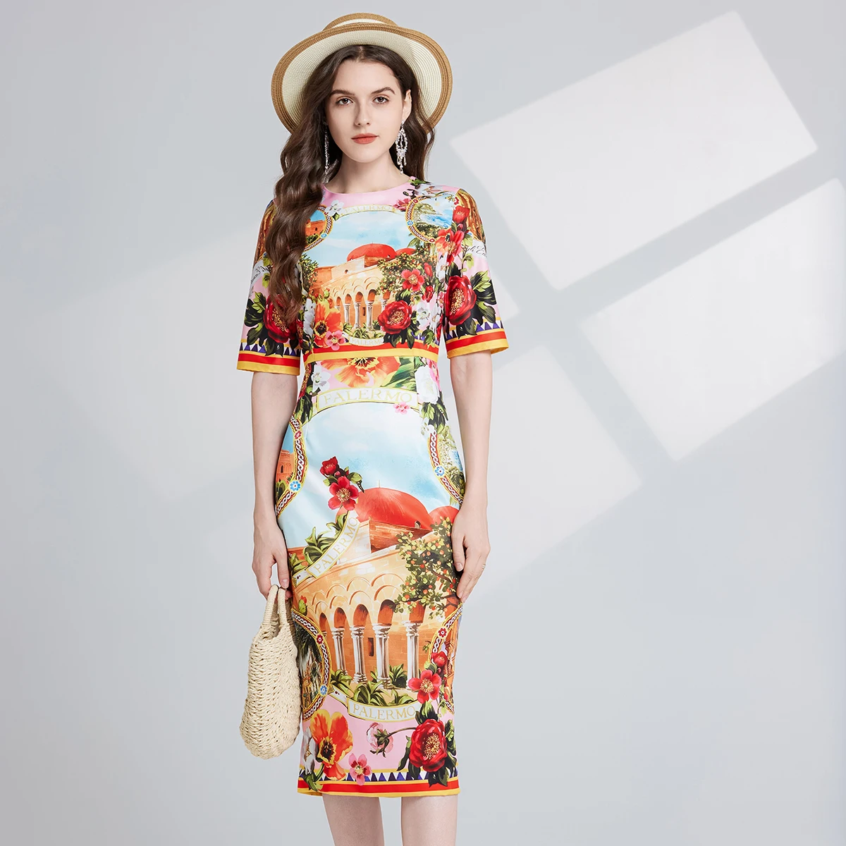 Summer Holiday Flower Pencil Midi Dress Women Short Sleeve Architectural Landscape Print Long Vestidos Party