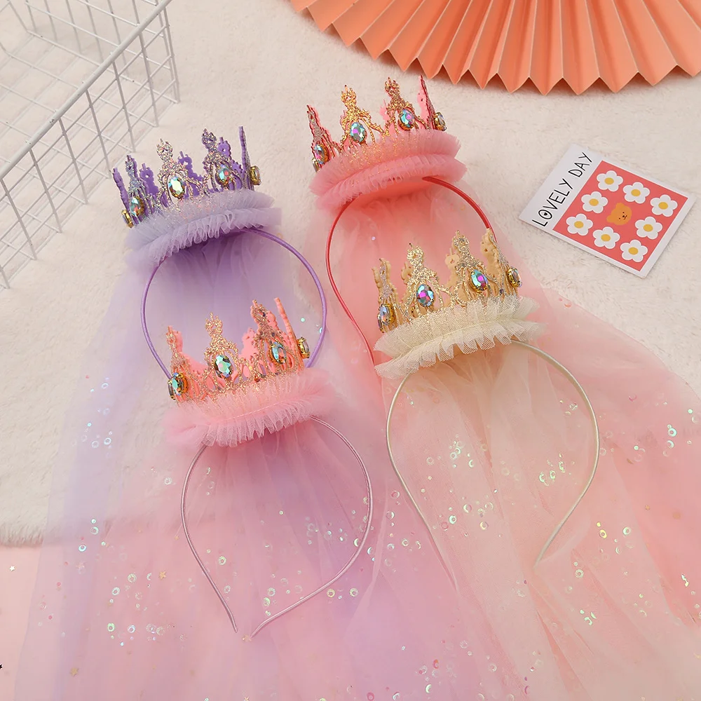 Cute Crown Headband For Kids Fashion Colorful Rhinestones Veil Hairband Princess Fairy Happy Birthday Party Hair Accessories