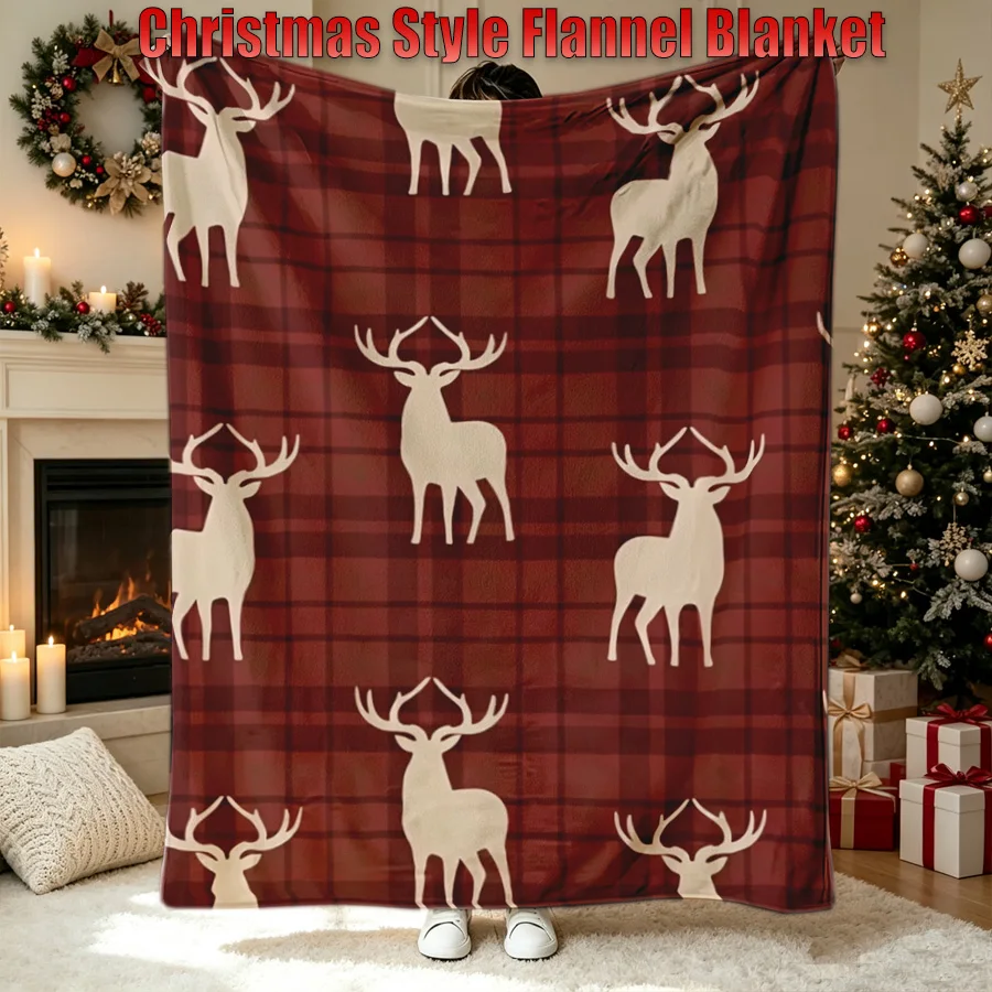 Christmas Beige Reindeer Red Tartan Plaid Flannel Throw Blanket, 2D Single-Sided Printed Holiday Decorative Blanket