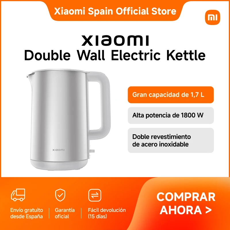 Oficial | Xiaomi Double Wall Electric Kettle, Doble revestimiento de acero inoxidable, Gran capacidad de 1,7 L, Interior de acero inoxidable 316L