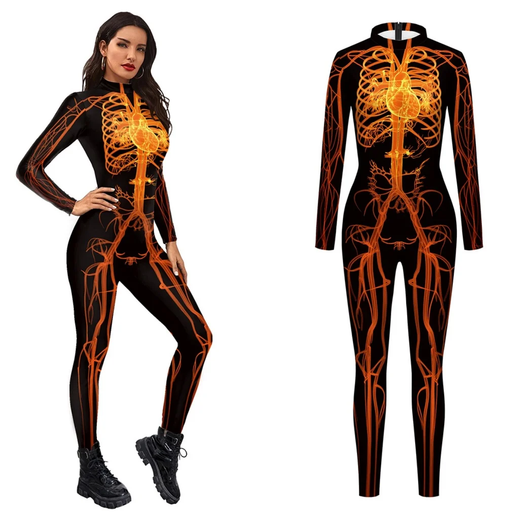 Disfraz de Cosplay de Halloween para hombres y mujeres, mono con estampado 3D de calavera muscular y cuerpo humano, esqueleto