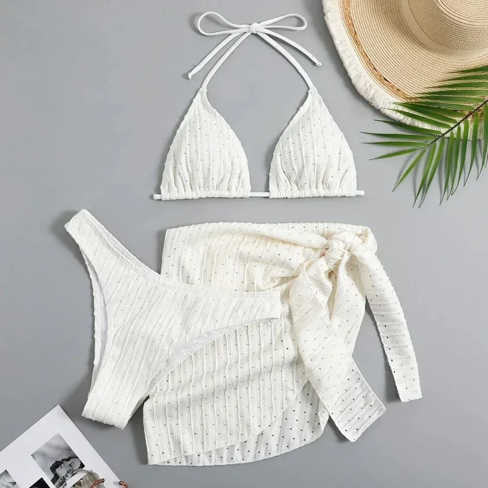 2025 Trendy Women's 3 Piece Halter Bikini Set Sexy Thong Swimsuit Summer Bathing Suit Cover Up Thong Swimwear Biquini Brasileiro