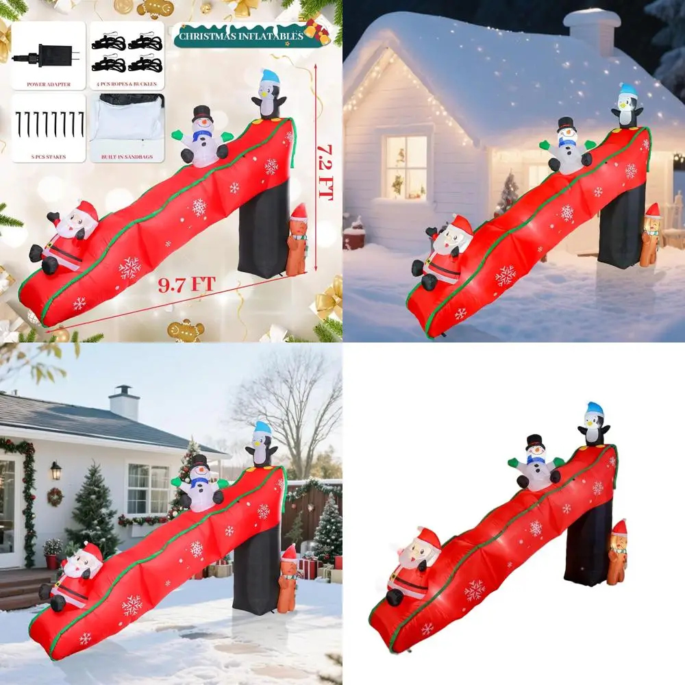 

9.7FT Animated Snowy Slide Christmas Inflatable with Santa, Snowman, Penguin, & Gingerbread Man, LED Lights