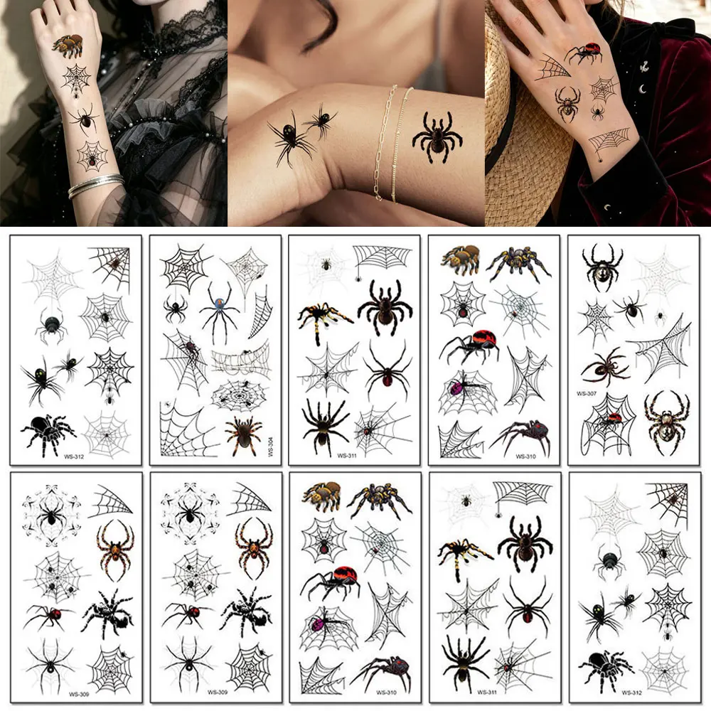 10sheets/pack Waterproof Spider Tattoo Stickers Halloween Spider Web Tattoo Stickerfor Hand Body Face Makeup Temporary Tattoo